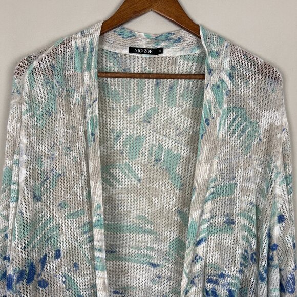 Nic+ Zoe Cardigan Sweater Womens 3X Blue White Linen Blend Open Knit 3/4 Sleeve - Picture 3 of 11